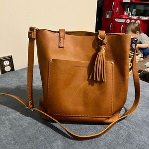 Brown Leather Shoulder Bag with Tassel Accent
